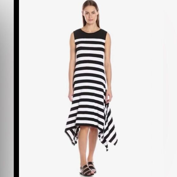 Vince Camuto black sleeveless white stripe two tone T-shirt maxi summer dress S - Picture 1 of 12